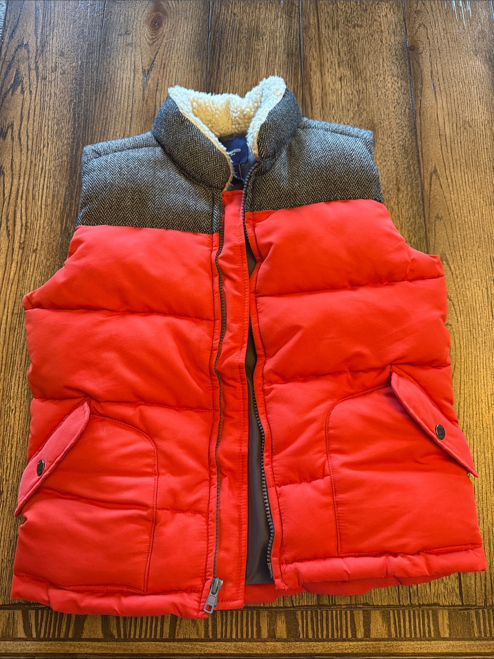 GAP Red Puffer Vest with Gray Herringbone Yoke